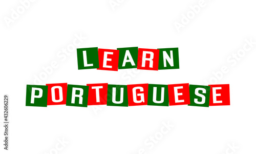 learn portuguese text in disordered squares painted in portugal flag colors