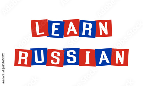 learn russian text in disordered squares painted in russia flag colors