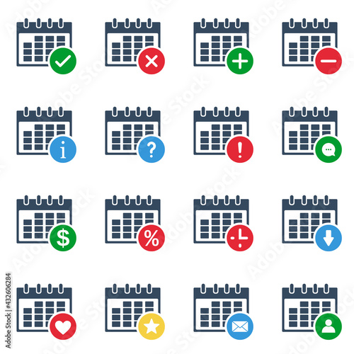 calendar grid with many different colorful actions, vector solid icons set