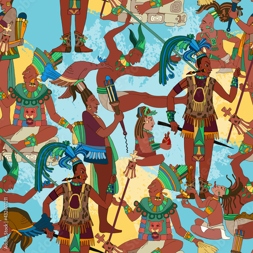 Ancient Mayan. Old frescos style. Aztec and Inca people. Mural Painting. Seamless pattern. Maya background. Historical art