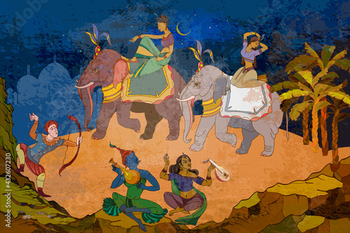 Traditional indian mural paintings style. Dancing goddesses in the jungle. Gods of India. Ancient frescoes. Old Asian culture. Mythology, tradition and history. Religion. Hinduism. Vishnu and Shiva