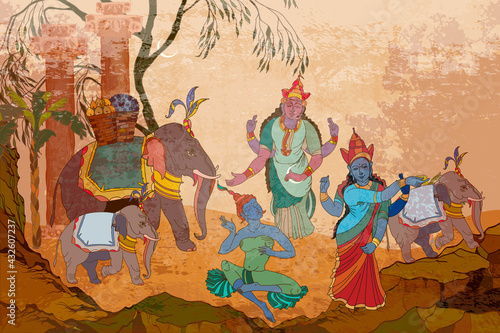 Gods of India. Ancient frescoes. Traditional indian mural paintings style. Religion. Hinduism. Vishnu and Shiva. Dancing goddesses in the jungle. Old Asian culture. Mythology, tradition and history
