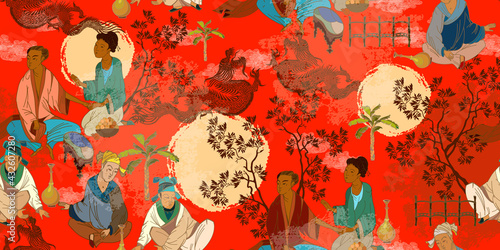 Ancient China seamless pattern. Classic wall drawing. Tradition and culture of Asia. Murals and watercolor asian style. Oriental people. Traditional Chinese paintings