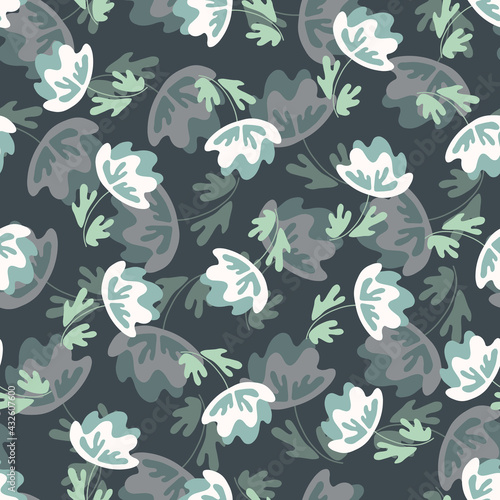 Seamless floral pattern based on traditional folk art ornaments. Modern flowers on color background. Scandinavian style. Sweden nordic style. Vector illustration. Simple minimalistic pattern