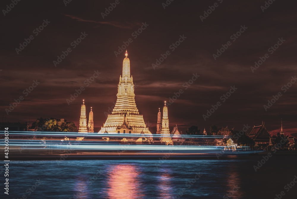 Long shot Pagoda with sunset background (Thailand)