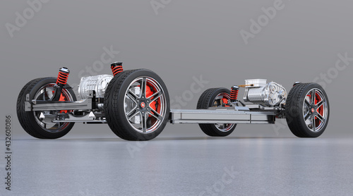 Electric Vehicle's chassis with dual motors and battery system isolated on gray background. 3D rendering image.