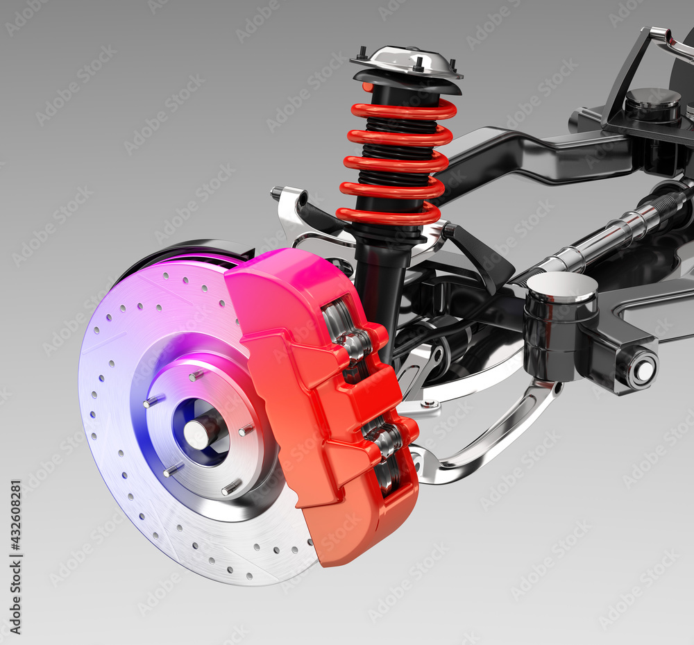 Car suspension and disk brake in gradient RGB color . 3D rendering ...