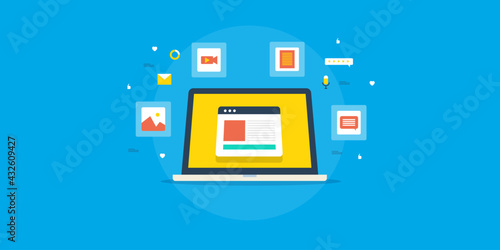 Content marketing format. Content marketing elements - Email, video, whitepaper, infographic, image content, conceptual web banner for digital marketing.  Flat design web banner with blue background.