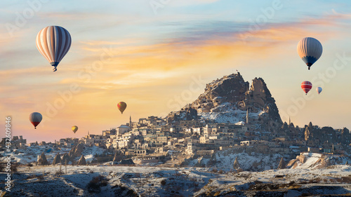 Uchisar Castle in winter, Cappadocia, Goreme, Turkey.