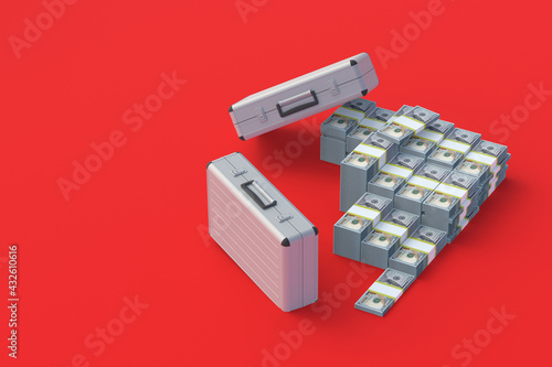 Heap of money near metal suitcases. Big win. International financial transfers, transactions, operations. Business investment, startup. Bank refinancing. Grand shopping. Copy space. 3d render