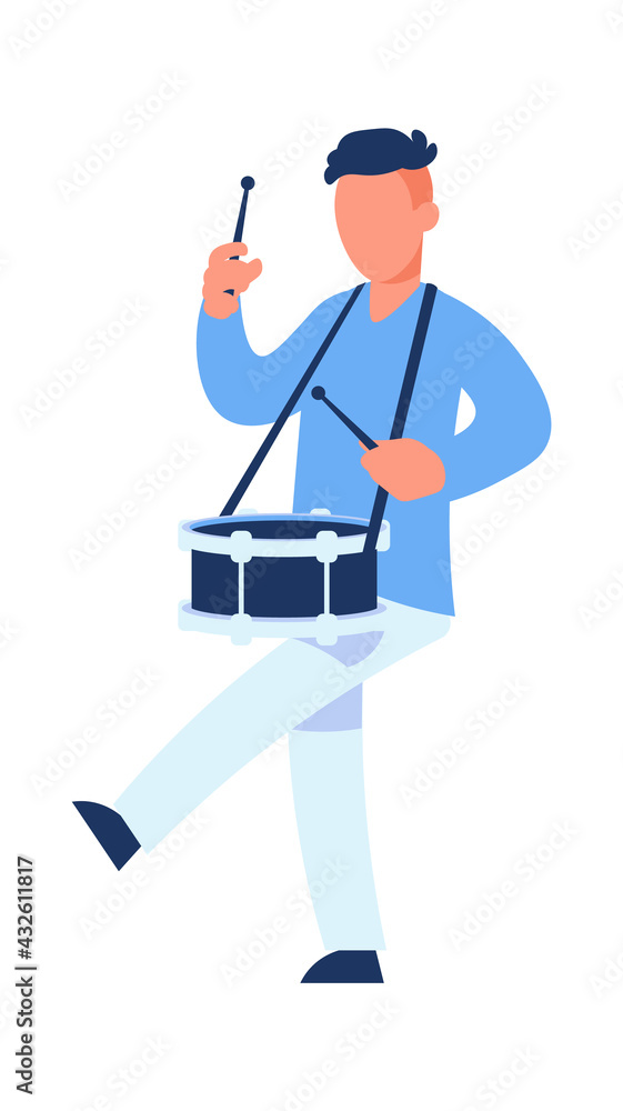 Fototapeta premium Drummer. Cartoon man playing drum. Male character marching with percussion musical instrument. Military parade or celebration performance music player. Vector musician bangs with sticks
