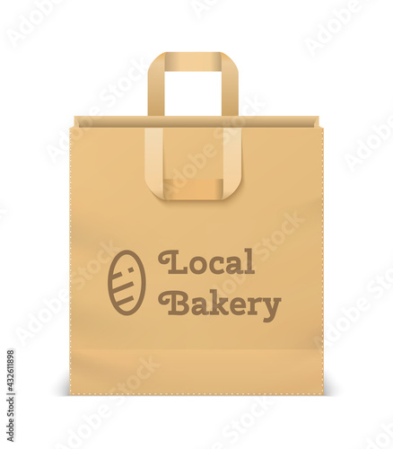 Realistic paper shopping bag. 3D bakery craft sack. Isolated cardboard store package with calligraphic lettering. Carrying bread or pastry in recyclable packet. Vector pack for purchases