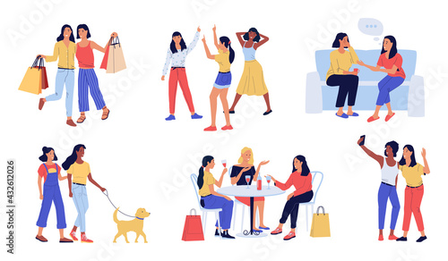 Women friends. Cartoon girls spend time together. Females communicating and taking selfie. Happy characters dancing or drinking wine in restaurant. Vector group of relaxing young persons