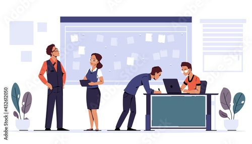 Agile task board. Scrum methodology teamwork. People planning business projects. Brainstorming and briefing in office. Employees work together. Vector effective workflow organization