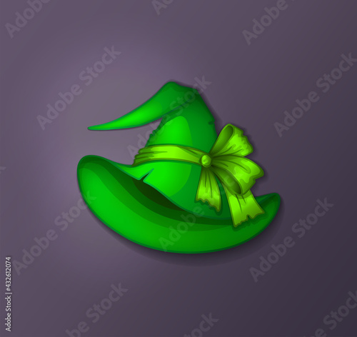 Green wide-brimmed hat with a green bow. Witch, magician, astronomer hat. Vector illustration on a dark background.