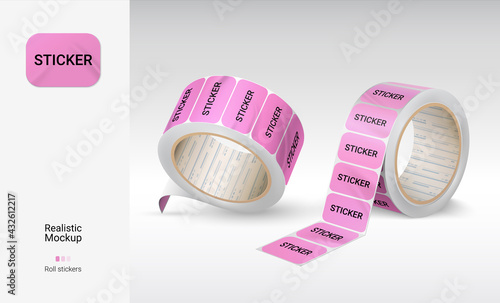 Roll stickers. Realistic sticky price tags. 3D round reels for square labels mockup with copy space. View from different sides on isolated adhesive tapes. Vector advertising badges