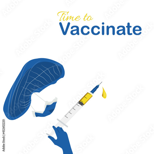 Doctor Cover hair ,face mask,syringe and medical gloves blue style on white background .Vector flat design concept for Time to vaccinate, covid-19 Injection.Provention or fight against Coronavirus.