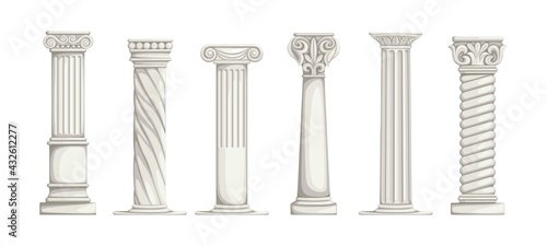 Roman pillars. White ancient Greek marble columns. Architecture elements set. Part of building with carved stone decorations. Antique colonnade. Vector types of ionic constructions