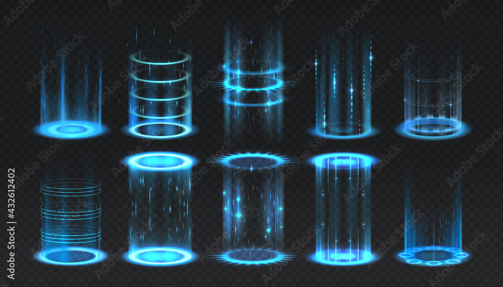 Realistic portal. Level up and teleportation process game effect, futuristic lighting and bright wrap aura. Glowing neon energy circles set. Vector vertical teleport with luminous beams - obrazy, fototapety, plakaty 