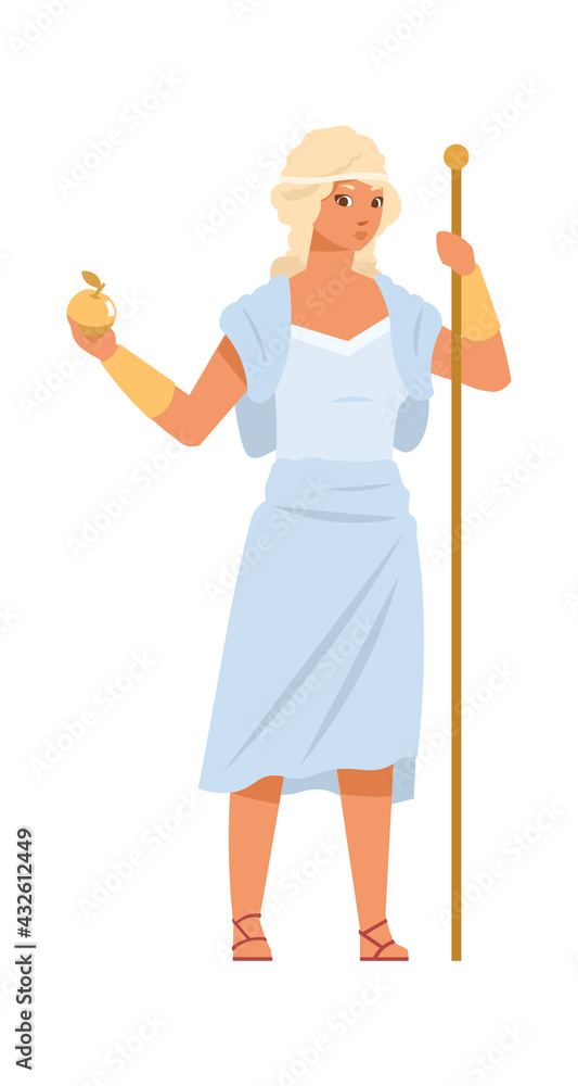 Aphrodite or Venus. Greek goddess of love, beauty and fertility. Cartoon ancient god with golden staff and apple. Divine female character of antique Greece myths. Vector young woman Aphrodite or Venus. Greek goddess of love, beauty and fertility. Cartoon ancient god with golden staff and apple. Divine female character of antique Greece myths. Vector young woman