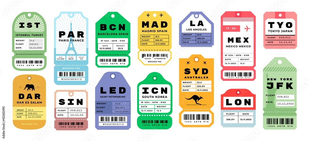 Airplane travel tags. Airport baggage tickets with stamps. Bright badges set for tourists luggage. Airline coupons from different cities. Vector labels with tear off line and barcode - obrazy, fototapety, plakaty 