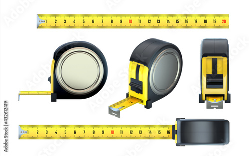 Measurement tape. Realistic construction ruler, 3D hand builder measuring instruments set. View from various sides on centimeter scale bands and black reels. Vector metric counter tool