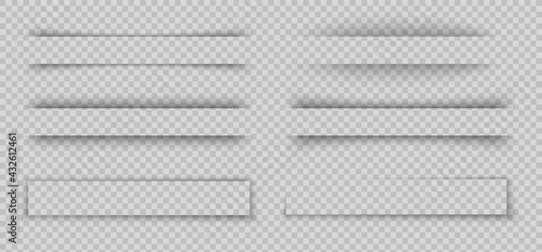 Paper shadow effect. Realistic frame and line with overlay shades. Top view of blank dividers on transparent background. Darkening from pages lying on table. Vector square borders set