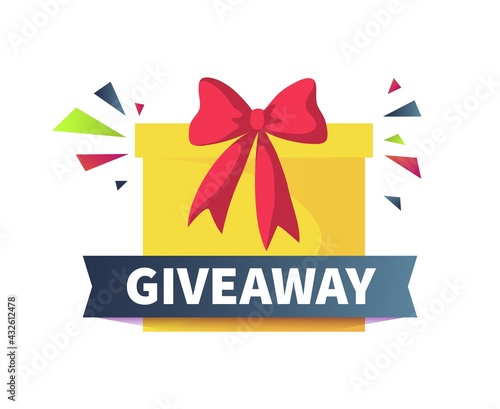 Giveaway poster. Give presents concept. Cartoon square yellow box with red ribbon bow and confetti. Congratulate winners of competitions and contests. Vector promotional gift sharing