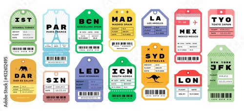 Airplane travel tags. Airport baggage tickets with stamps. Bright badges set for tourists luggage. Airline coupons from different cities. Vector labels with tear off line and barcode