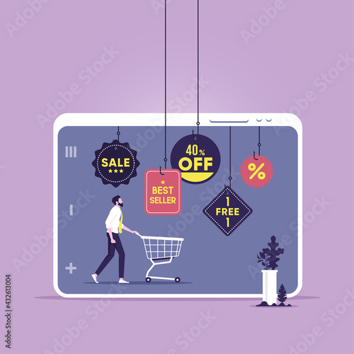 Concept of attracting customers discounts and sales, A man with a shopping cart is tempted by online offers that hang from fishing hooks