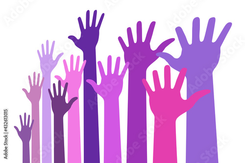 Up hands bright colorful distort icon. Raised hands in perspective. Vector logo distorted illustration. Violet pink colors