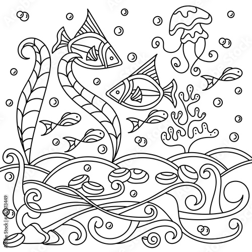 Coloring book for adults and Children , Underwater. Marine vector motif . Doodles of the underwater world, sea, ocean, river . Fish, shells and jellyfish, seaweed and waves.