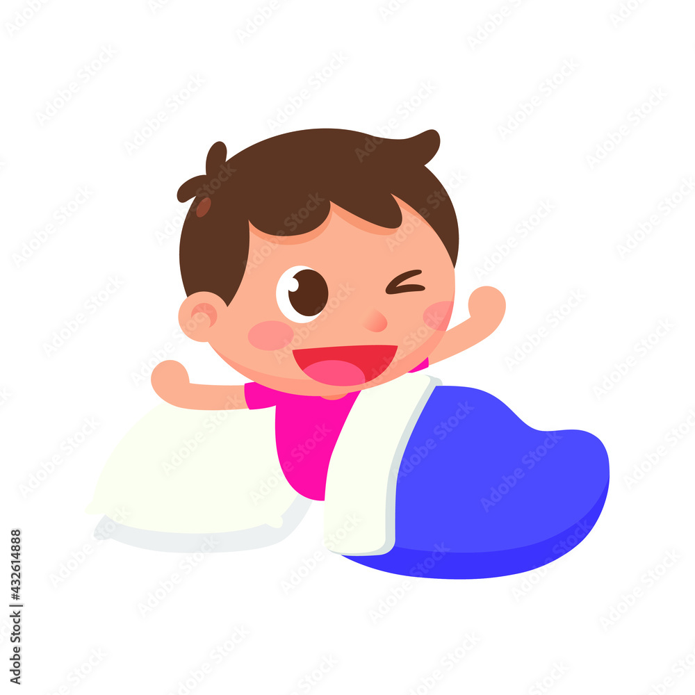 A boy wakes up on the bed at night in vector flat illustration style. Get up. A boy wakes up on the bed at night in vector flat illustration style. Get up.
