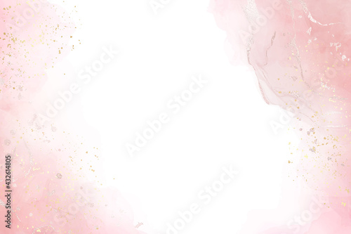Rose liquid watercolor background with golden crackers and foil stains. Pastel pink marble alcohol ink drawing effect. Vector illustration of elegant wallpaper for wedding invitation or greeting card