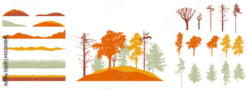 Creation of autumn beautiful park, forest, landscape, woodland, collection of design element. Constructor kit. Silhouettes of bare trees, spruce, pines and etc., grass, hill. Vector illustration.