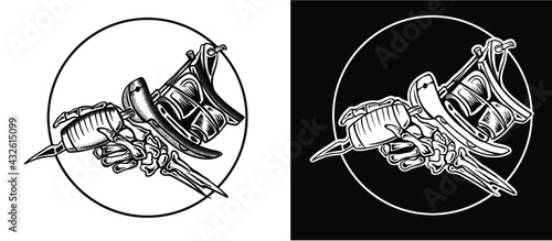 Skeleton hand tattoo artist hold tool as tattoo shop logo 