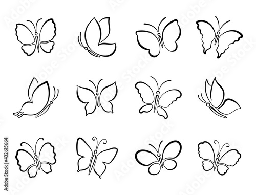 Set of different black butterfly outlines silhouettes for design.