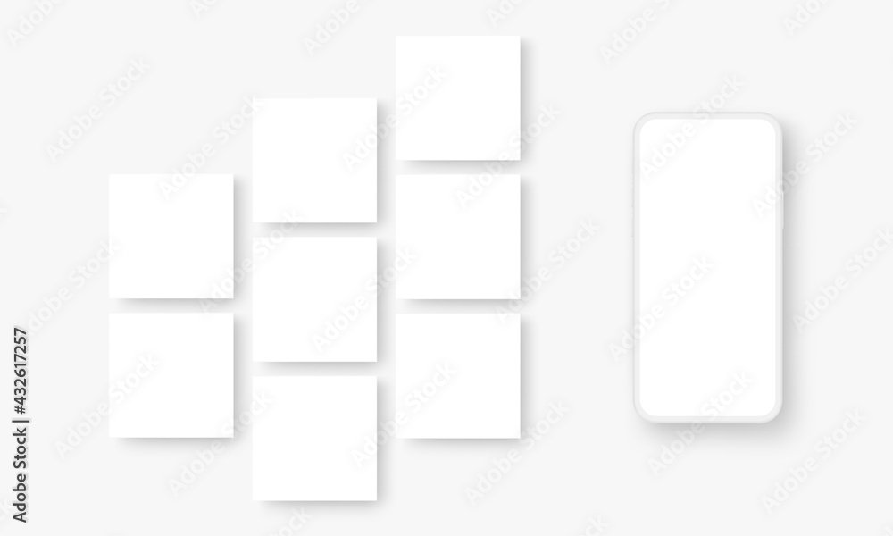 Clay Mobile Phone Mockup with Blank Social Media Posts Templates. Vector Illustration Clay Mobile Phone Mockup with Blank Social Media Posts Templates. Vector Illustration