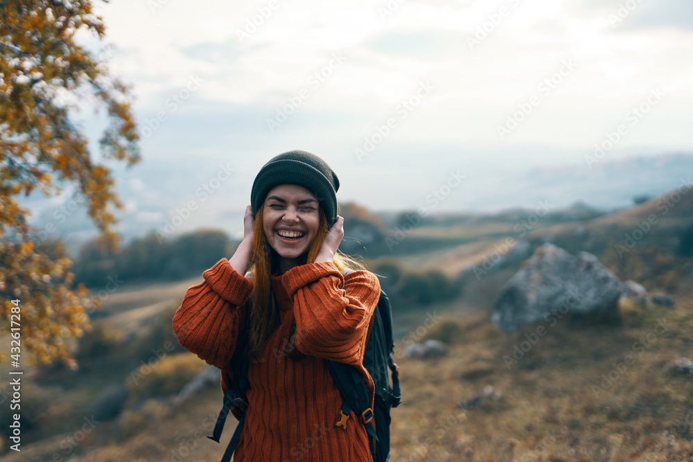 woman hiker with backpack on nature mountains travel adventure woman hiker with backpack on nature mountains travel adventure