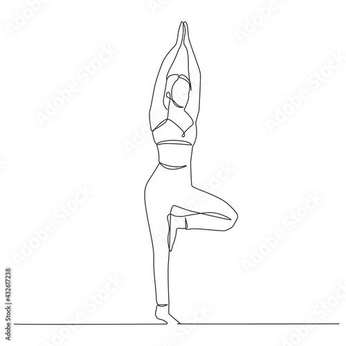 Trendy Line Art Woman Yoga Pose. Minimalistic Black Lines Drawing. Female Figure Sport Pose Continuous One Line Abstract Drawing. Modern Vector Illustration.