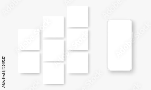 Clay Mobile Phone Mockup with Blank Social Media Posts Templates. Vector Illustration