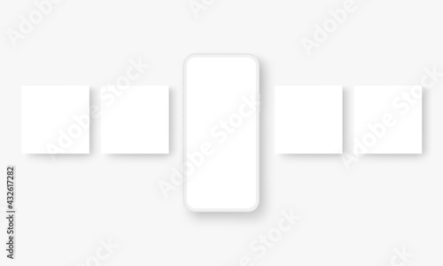 Clay Phone with Blank Social Media Posts Carousel Templates. Vector Illustration