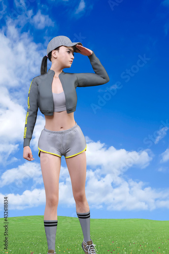 短パンのジャージを着た女性がジョギングの途中で立ち止まり遠くを見つめる