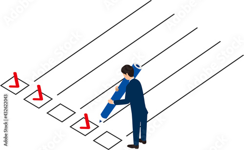 チェックイメージとペンを持つ男性のイラスト