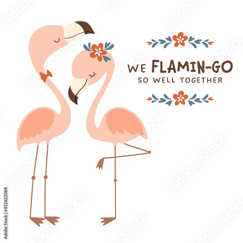 Clip art of cute pink flamingo couple in love. Whimsical flamingo couple characters with punny texts, We Flamin-go so well together. For wedding, Valentine's Day, greeting cards, etc.