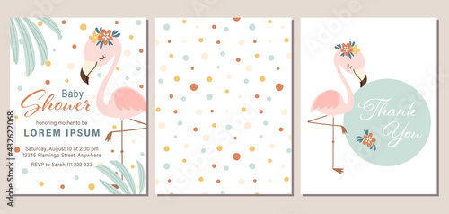 Set of baby shower invite, thank you card, and pattern with cute cartoon flamingo. Baby shower invitation template  set for summer. Vector illustration.