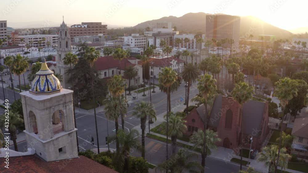 Aerial sunset view of the downtown area of Riverside, California. Stock ...
