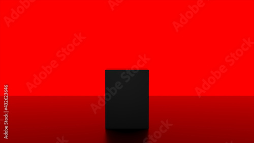 Black podium or pedestal display on red background with cube stand concept. Blank product shelf standing backdrop. 3D rendering. (ID: 432623646)