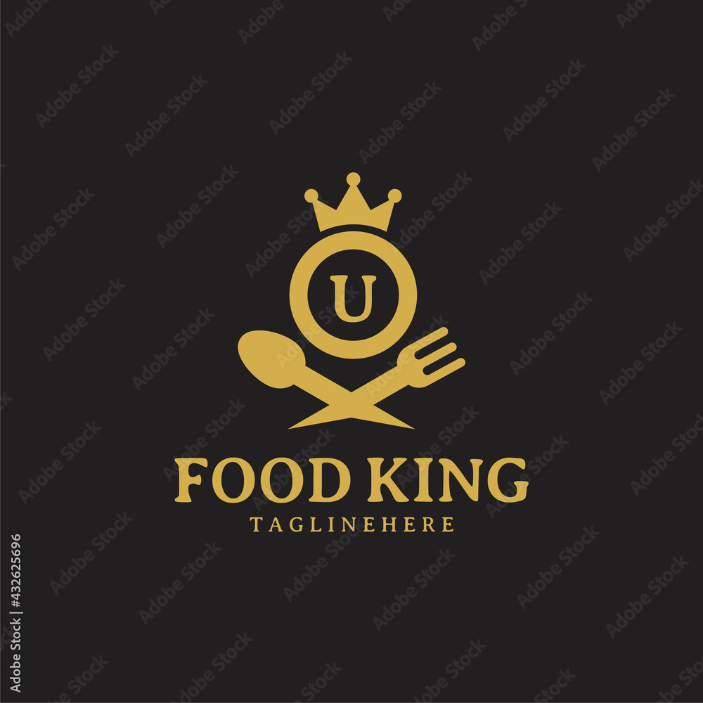Naklejka premium Initial letter U King food Logo Design Template. Illustration vector graphic. Design concept fork,spoon and crown With letter symbol. Perfect for cafe, restaurant, cooking business