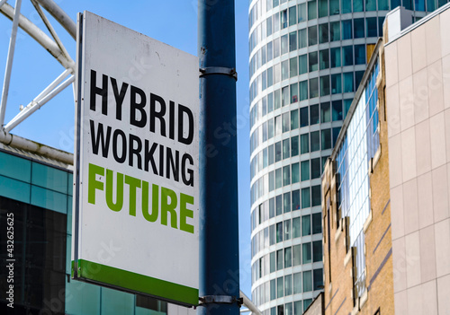 Hybrid Working Future sign in a downtown city center